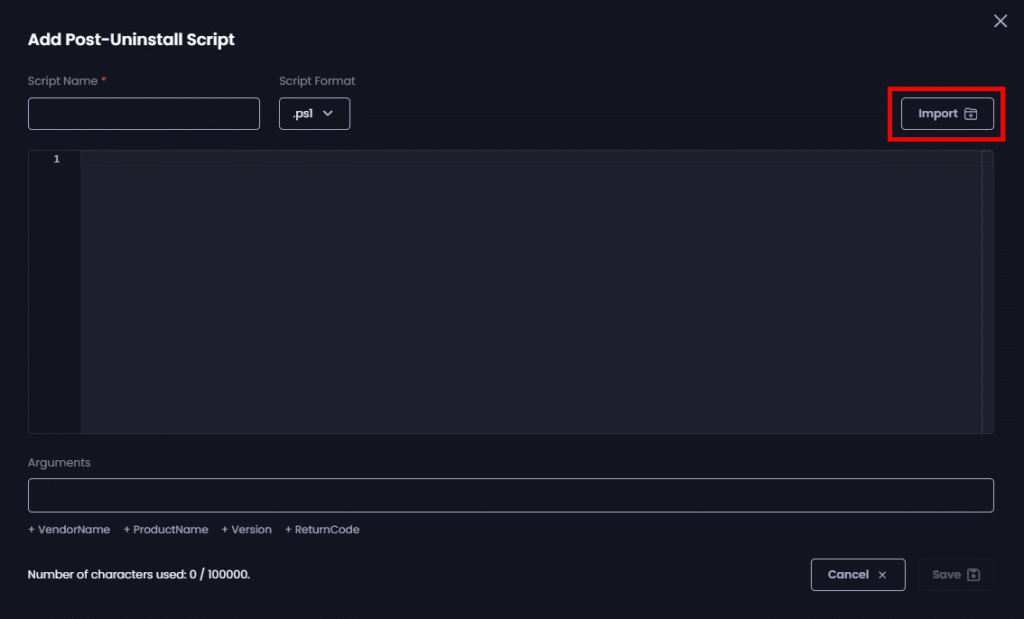 Clicking "Import" to import an existing script