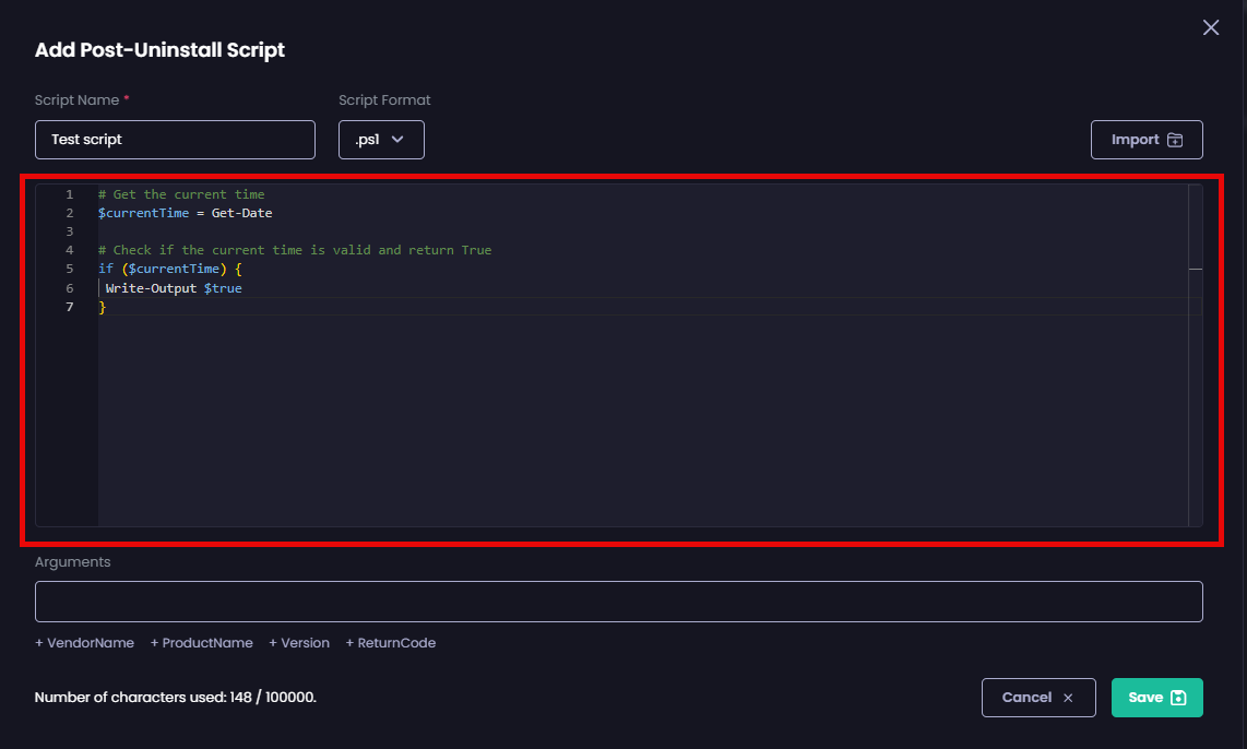 "Add Post-Uninstall Script" page is populated with the imported script.