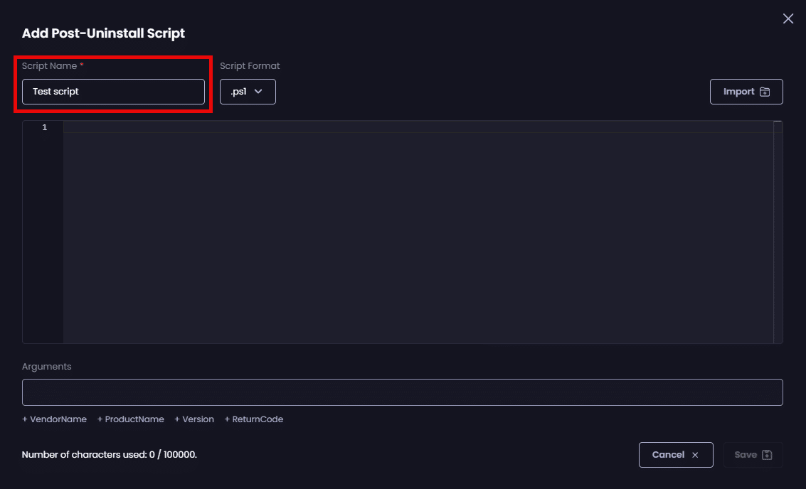 Entering a unique name for the script in the "Script Name" field