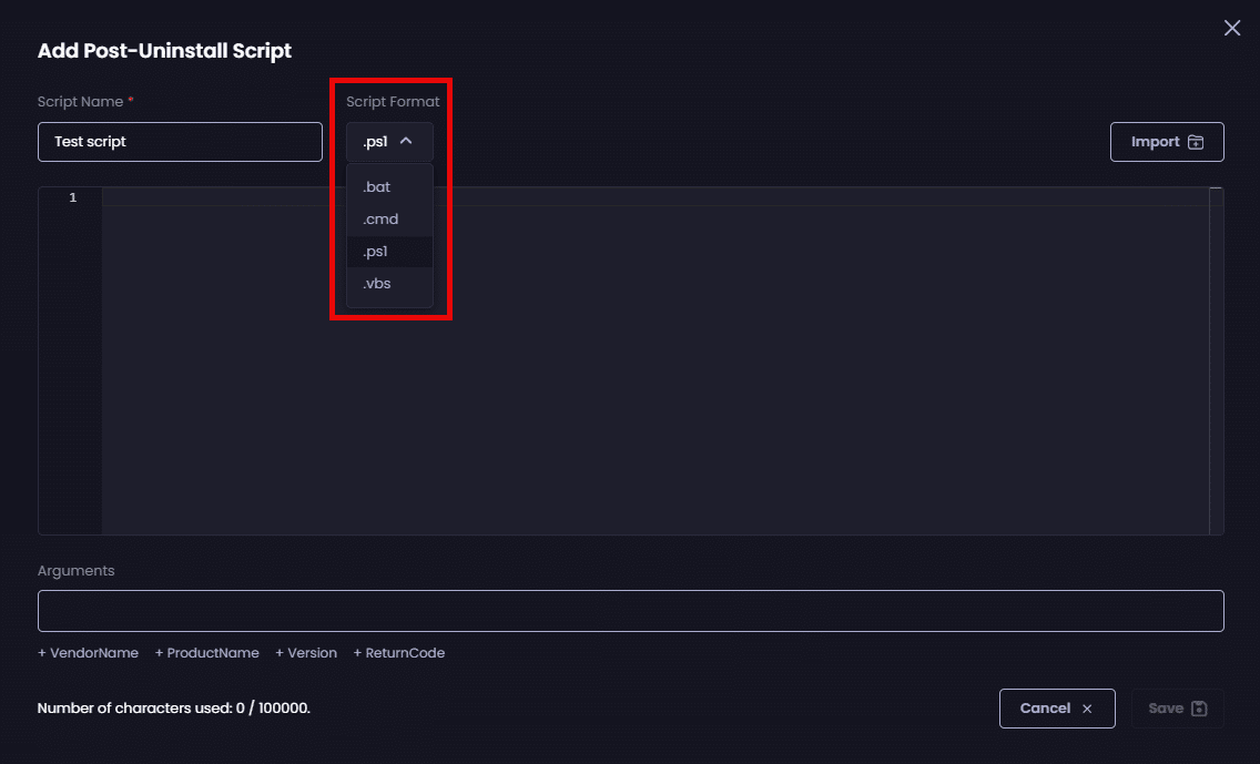 Selecting the type of script from the "Script Format" dropdown.