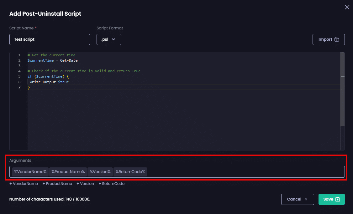 Entering any arguments you want to provide to the script by specifying them in the "Arguments" field
