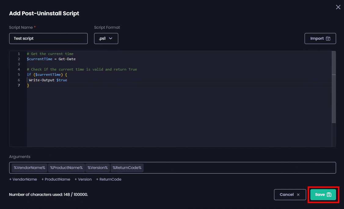 Clicking "Save" to save your script