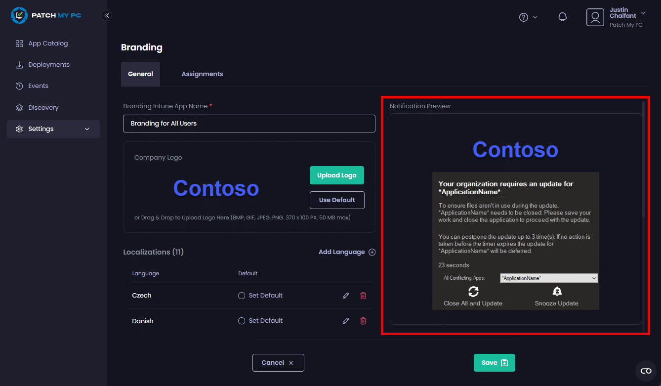 Uploaded logo shown on the Branding screen and the "Notification Preview" updates to show what the notification will look like when shown on your devices.