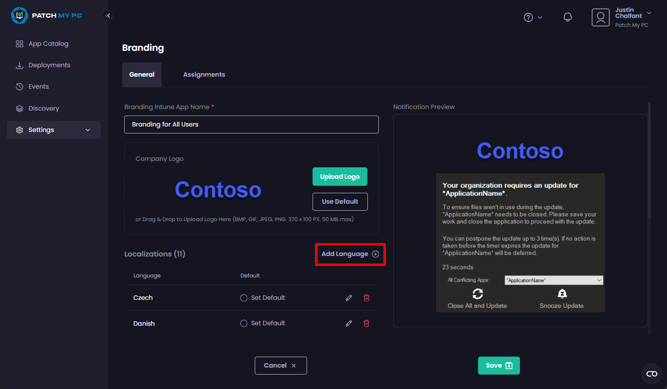 Clicking "Add Language" if you need to add a localization for this branding