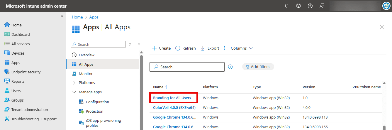 Branding app listed with all of your other apps