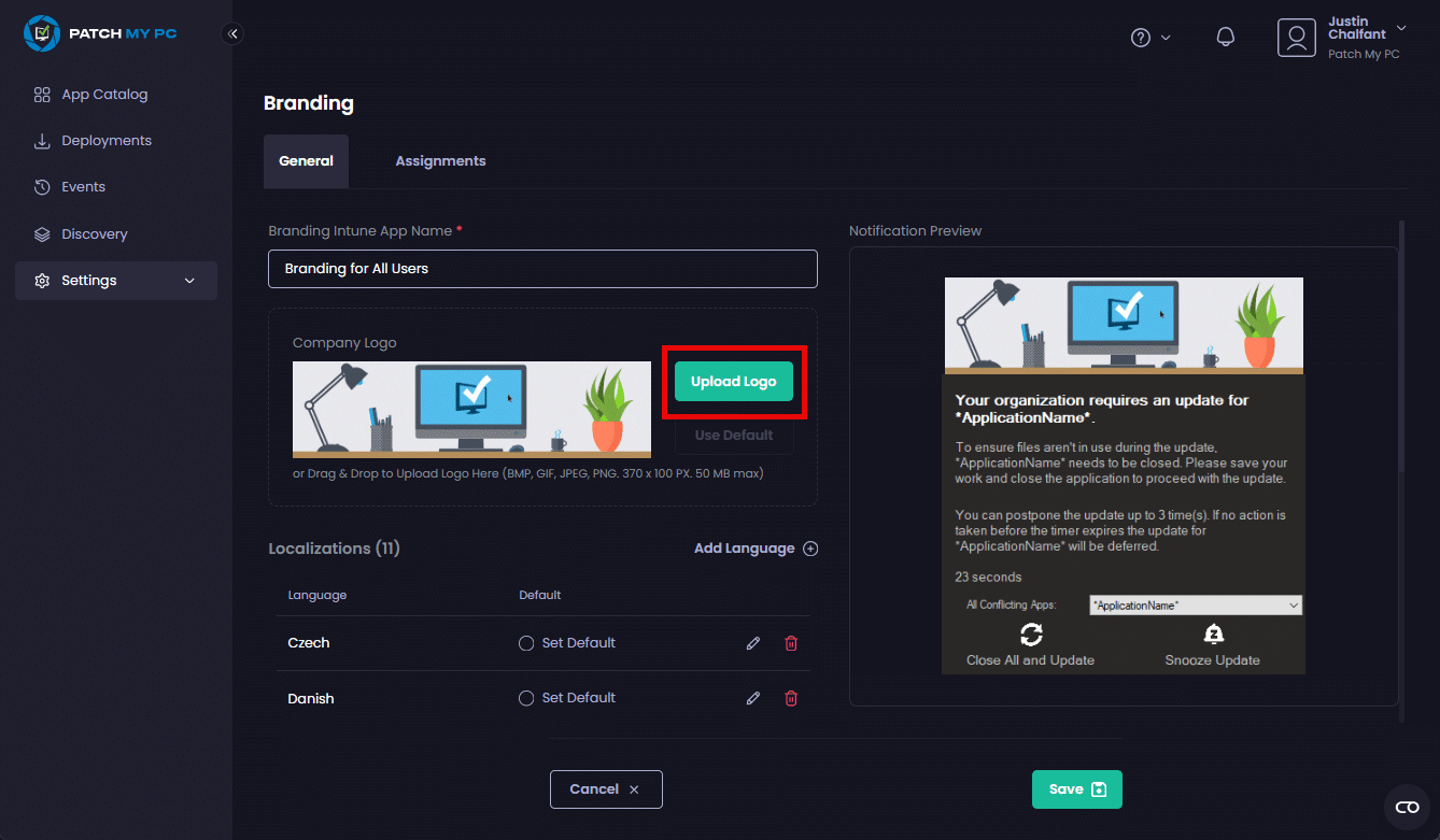 Clicking "Upload Logo"