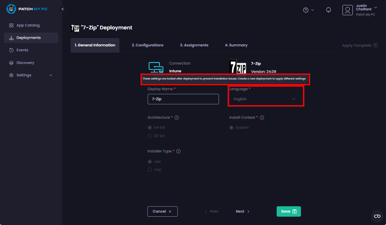 "These settings are locked after deployment to prevent installation issues. Create a new deployment to apply different settings"