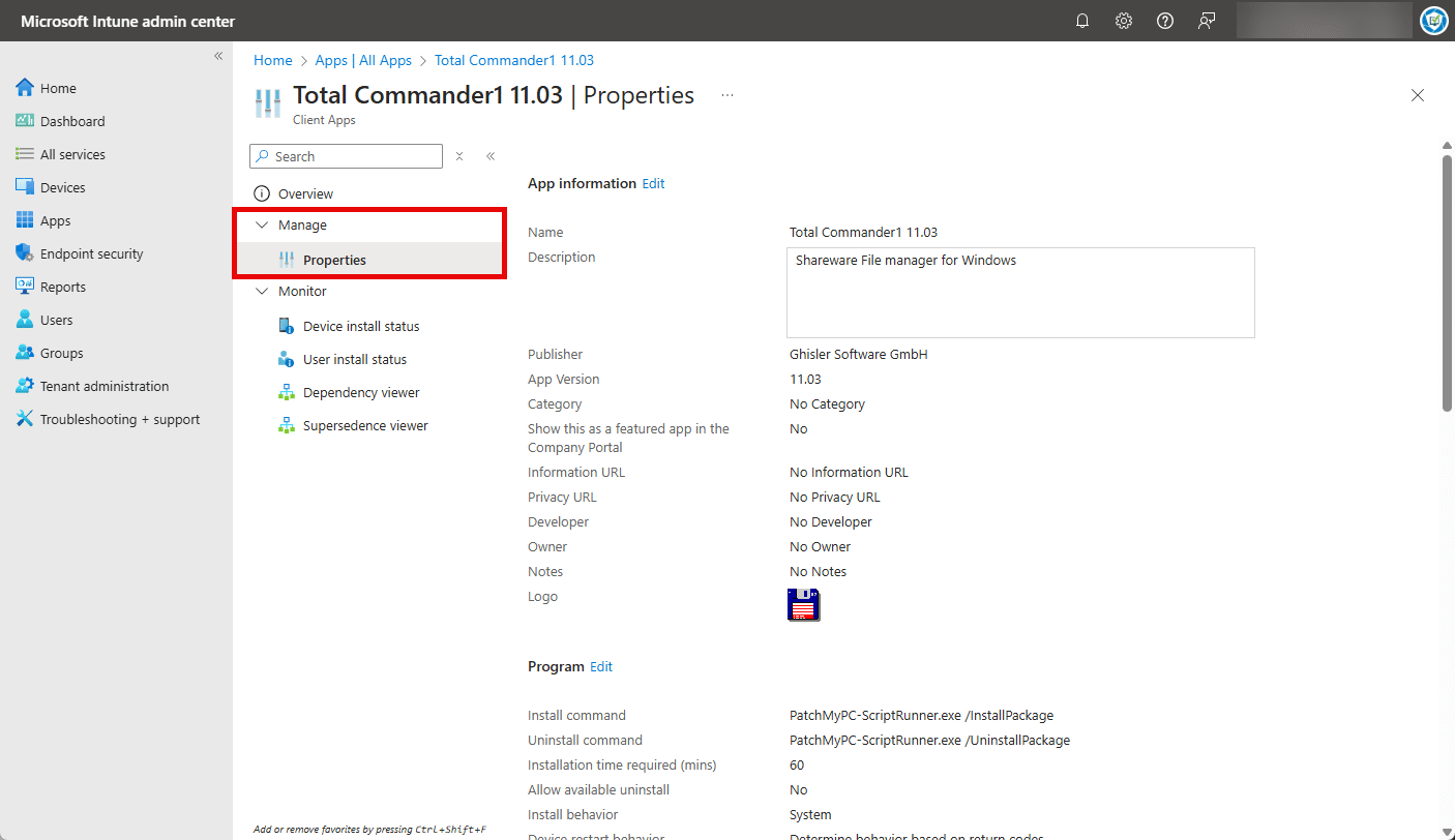 Navigating to "Manage | Properties"