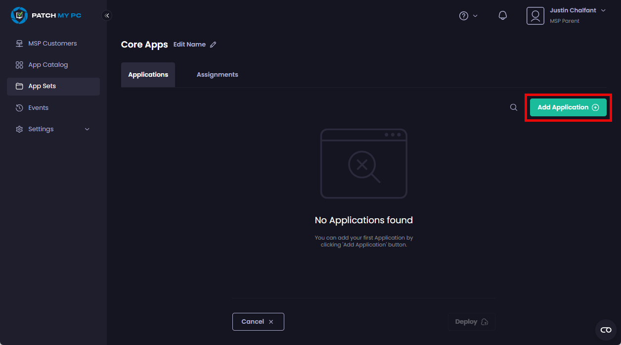 Clicking "Add Application" to add an application to this App Set