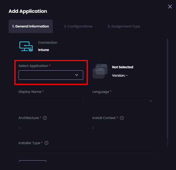 Selecting the relevant app you want to add from the "Select Application" dropdown