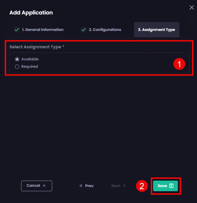 Selecting the assignment type for this app and clicking "Save"