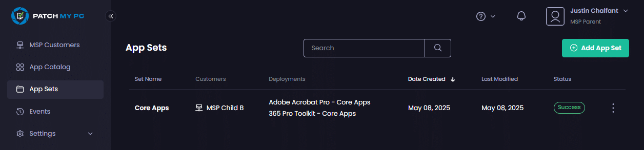 "App Set" page showing the App Set has been deleted