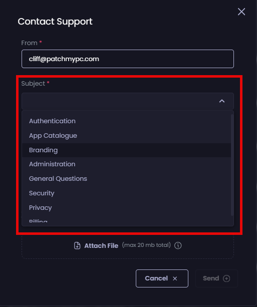 "Subject" dropdown