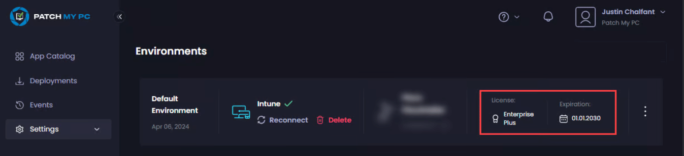 "License" tab of the "Environments" page showing your license type and expiry