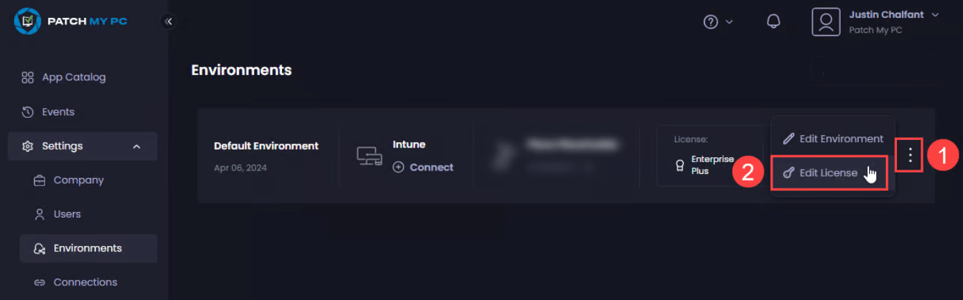 Clicking the vertical ellipsis (⋮) beside the expiry date, then click "Edit License"
