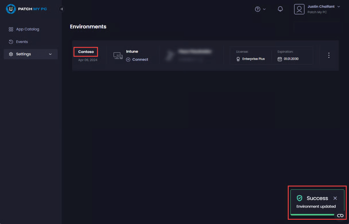 "Success - Environment updated" notification