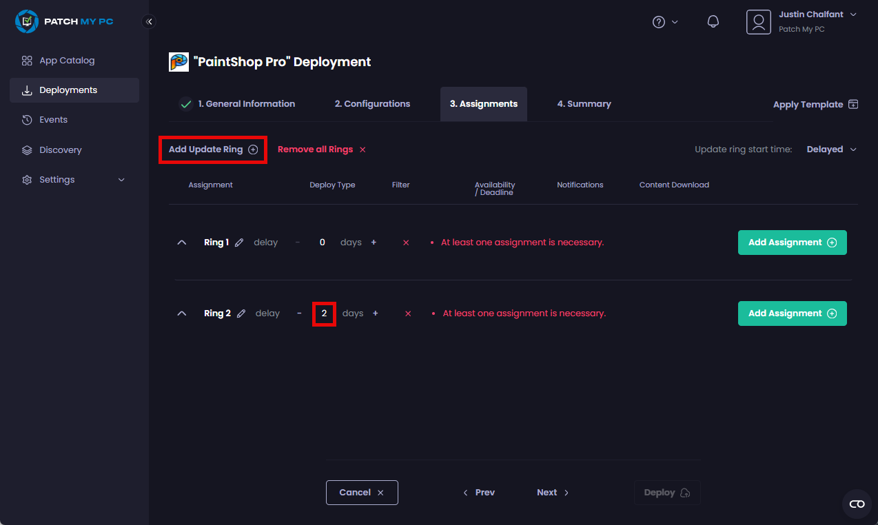 Clicking "Add Update Ring"