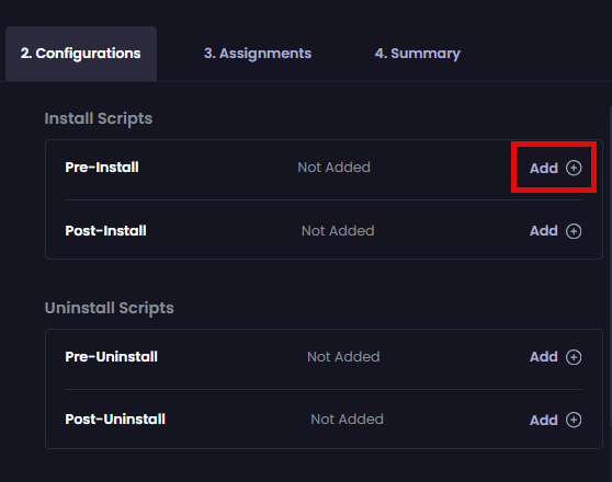 Clicking "Add" beside the "Pre-Install" option