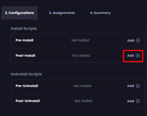 Clicking "Add" beside the "Post-Install" option