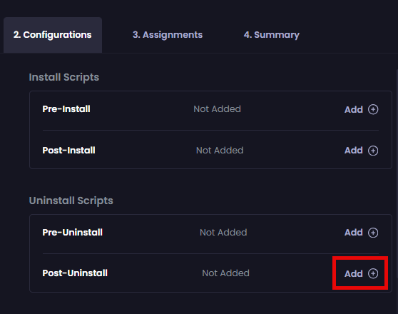 Clicking "Add" beside the "Post-Uninstall" option