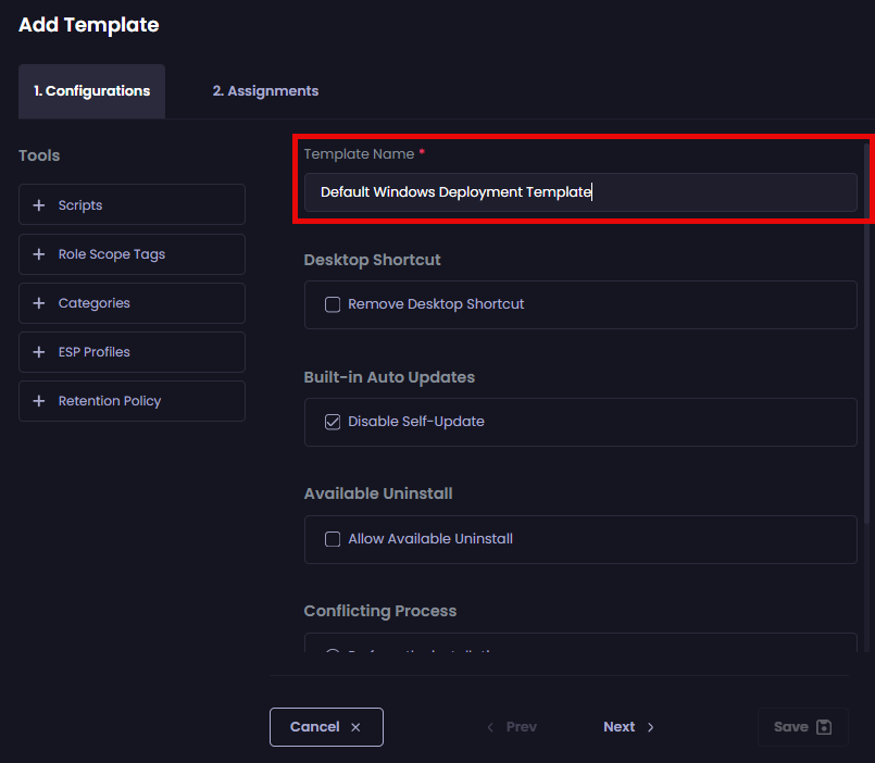 Entering a unique name for the Template in the "Template Name" field