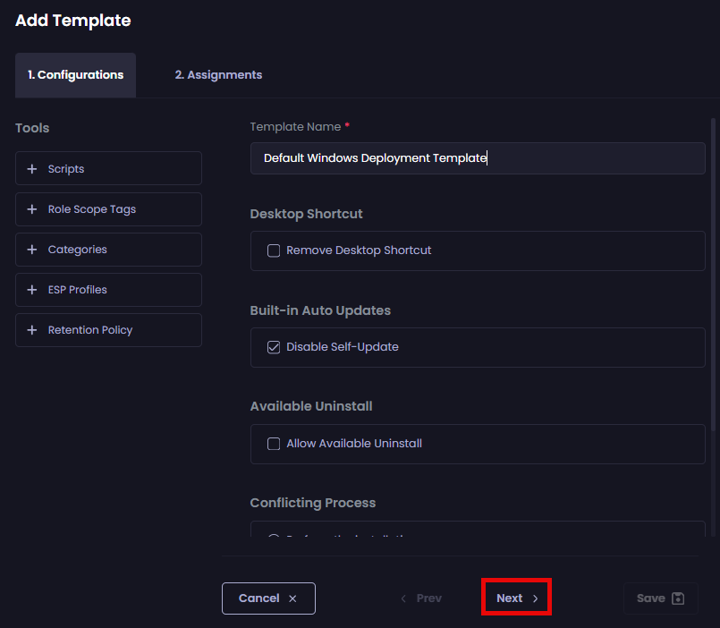 Clicking "Next" to move to the "Assignments" tab