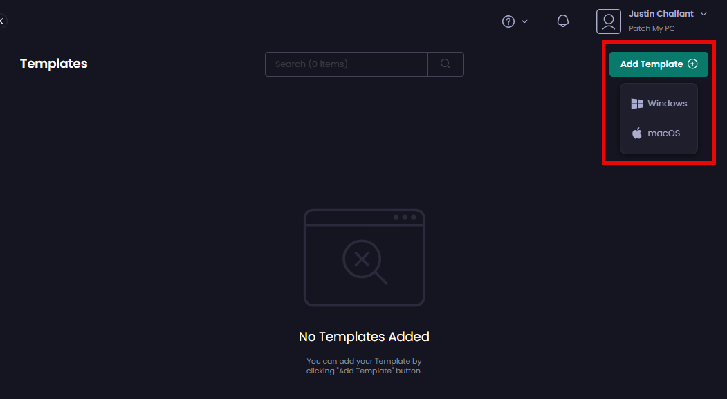 Selecting the relevant OS this Template will apply to