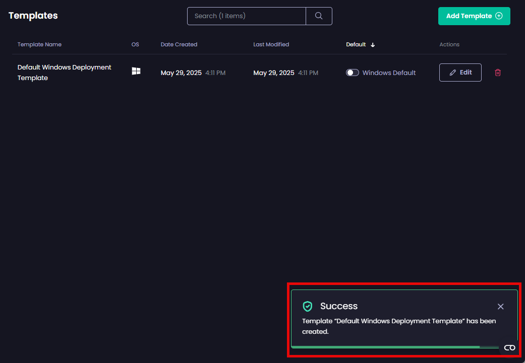 "Templates" redisplayed along with "Success" notification