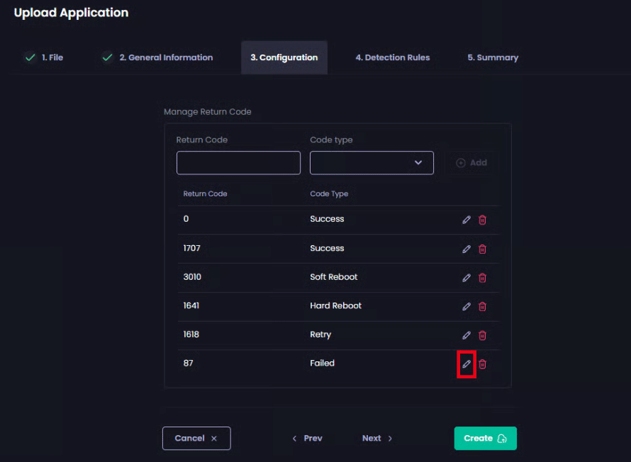 Clicking the pencil icon beside a Return Code to edit it.
