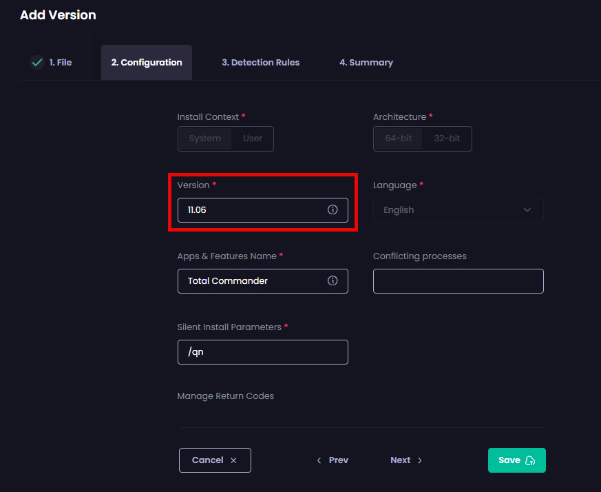 Entering the version of the "Configuration page"