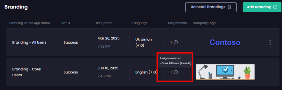 Making a note of the assignments for the Branding App to be uninstalled.