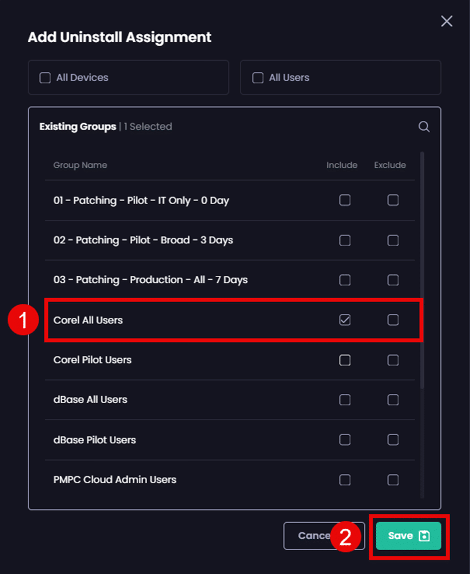 Select the relevant resources this uninstall should be targeted at and clicking "Save"
