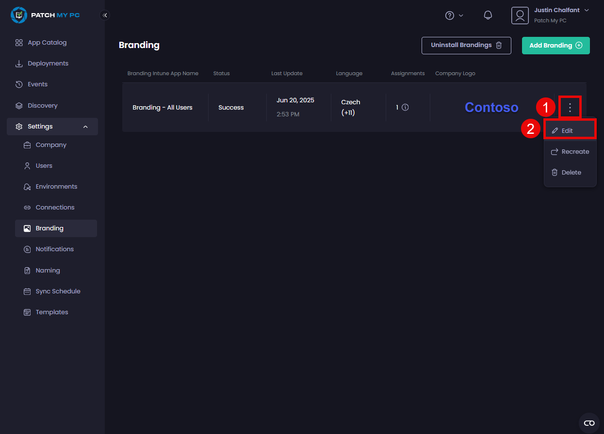 Clicking the ellipsis (⋮) button beside the relevant branding app and selecting the action you want to perform:
