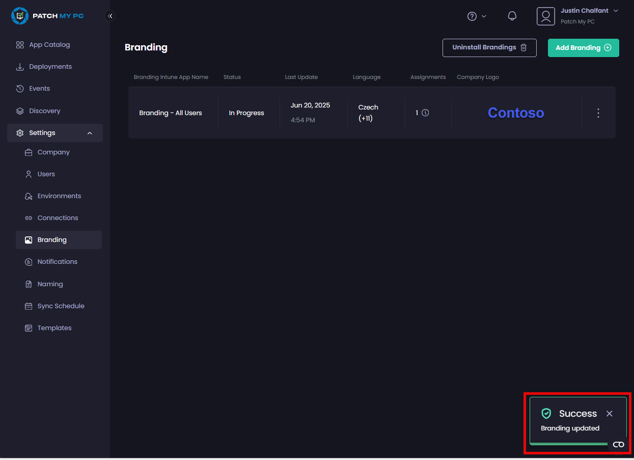 "Success – Branding updated" notification