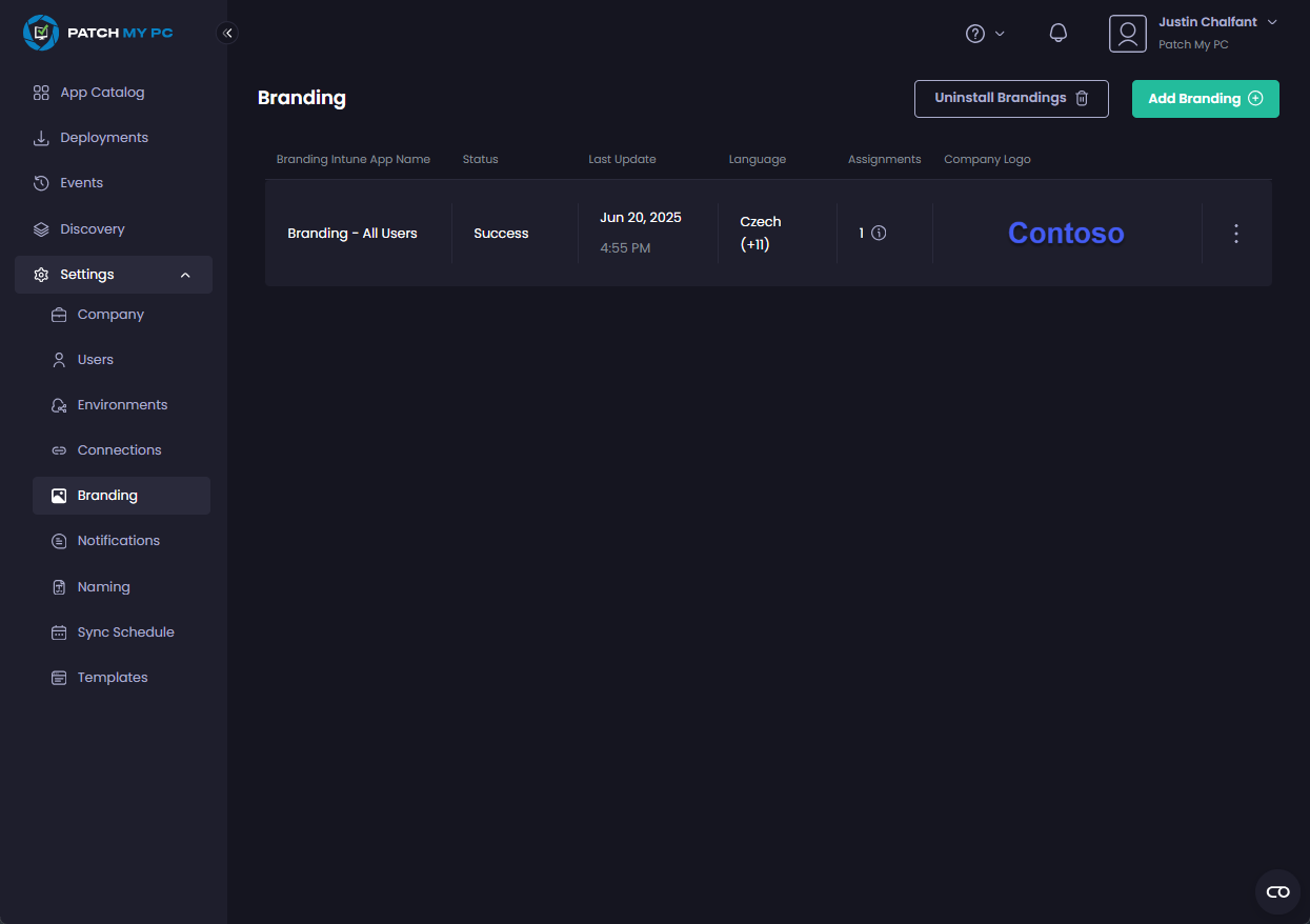 "Branding" screen is redisplayed showing the branding app has been  deleted.
