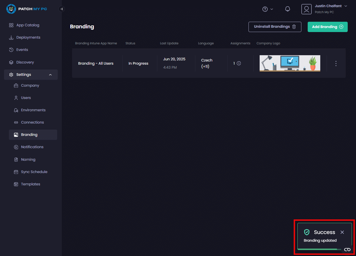 "Success - Branding updated" notification