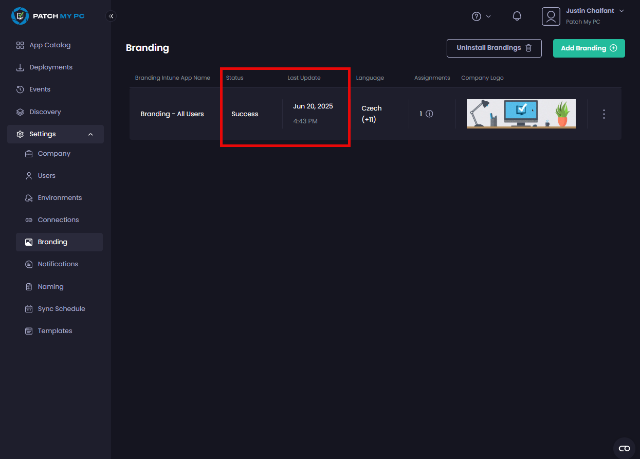 "Status" and "Last Update" fields updated to show when this branding app was last updated