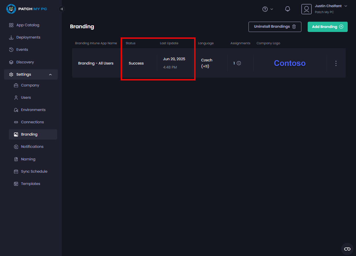 "Status" and "Last update" fields updated to show when this branding app was last modified