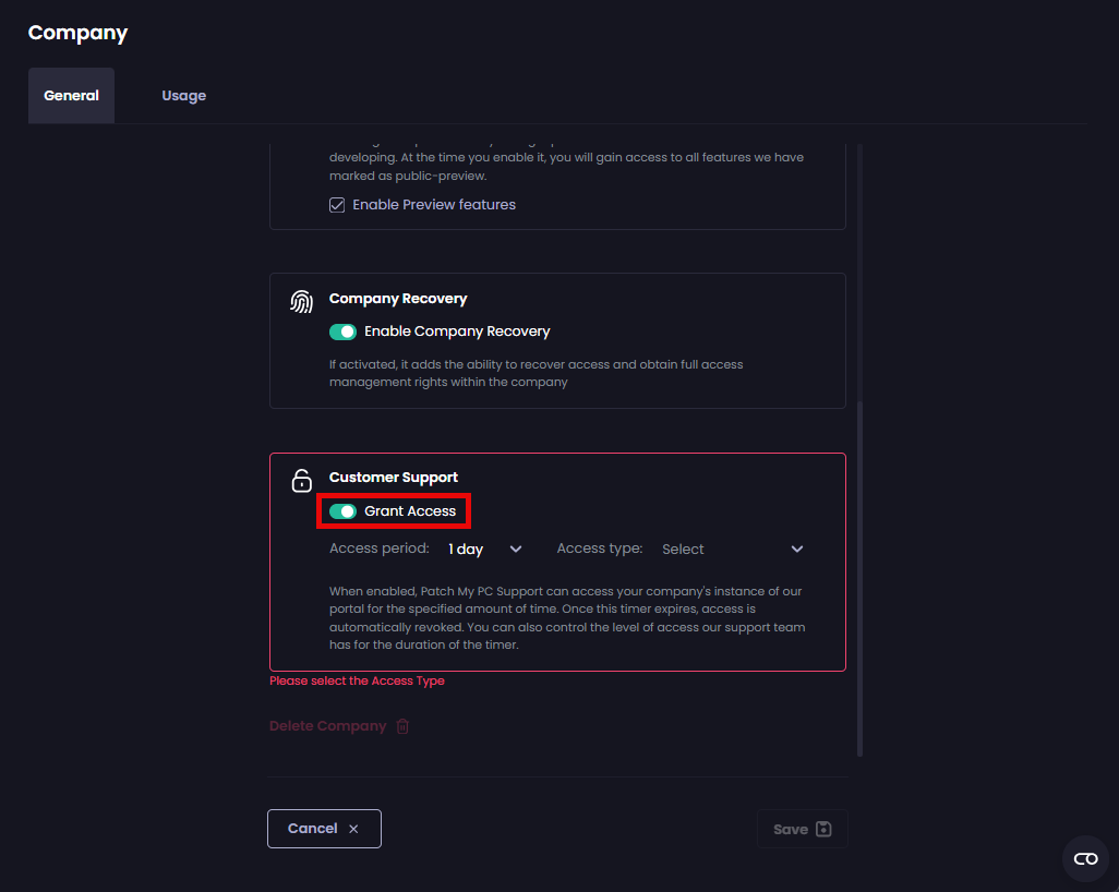 Sliding the "Grant Access" slider to the right to allow PMPC Support to access your portal.