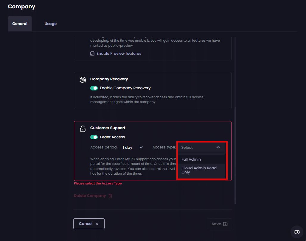 "Access type" dropdown