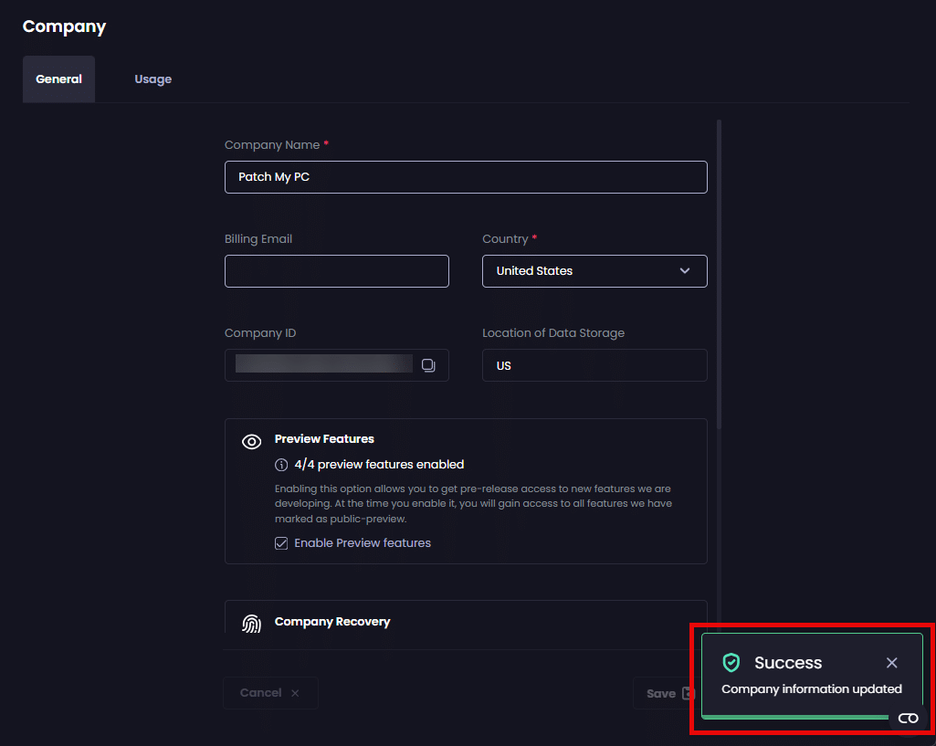 "Success - Company information updated" notification