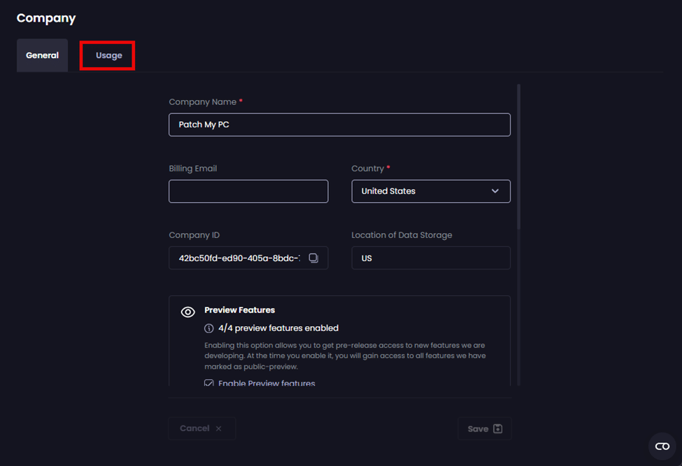 Clicking the "Usage" tab