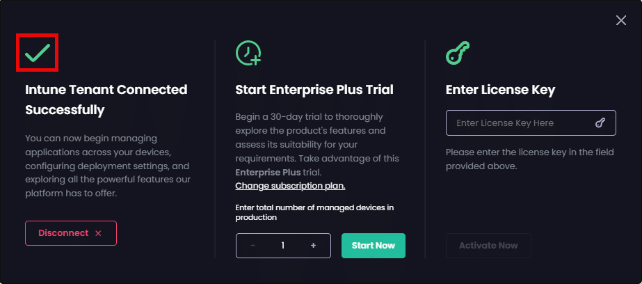 Green tick above the "Intune Tenant Connected Successfully" section