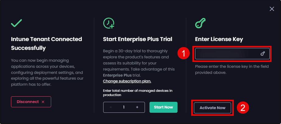 Entering valid license key in the "Enter License Key Here" field and clicking "Activate Now"