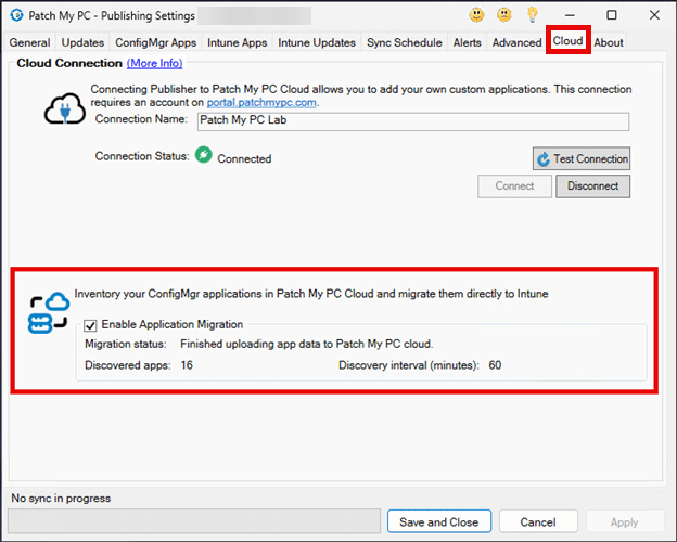 "Enable Application Migration" checkbox is checked on the "Cloud" tab
