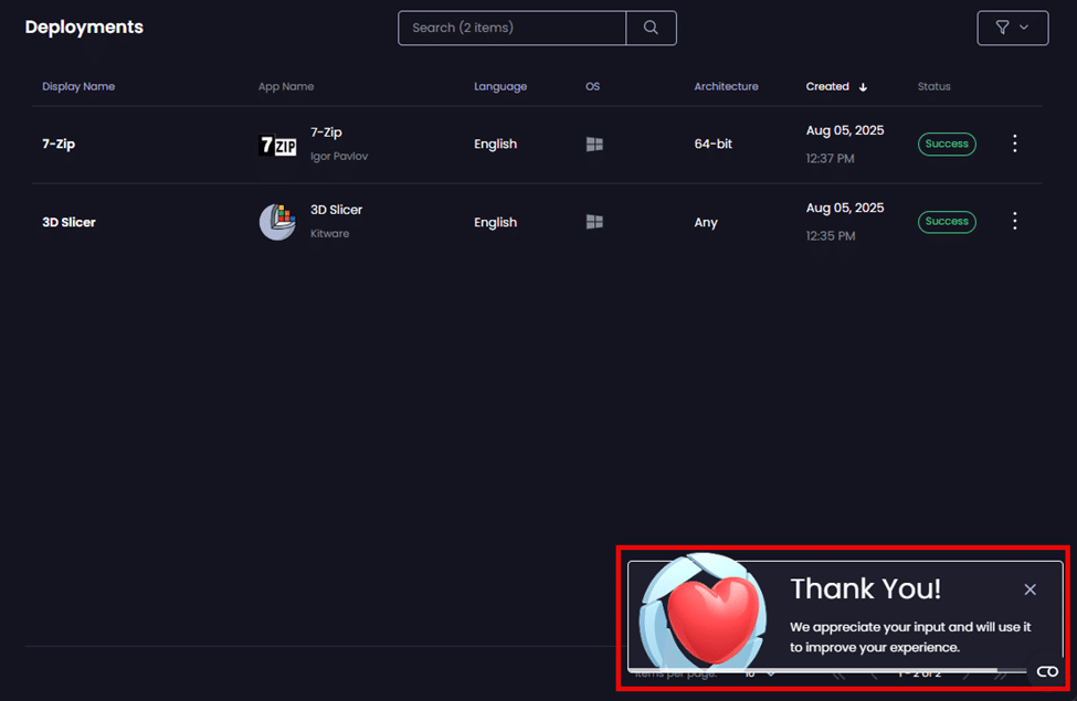 "Thank You" notification