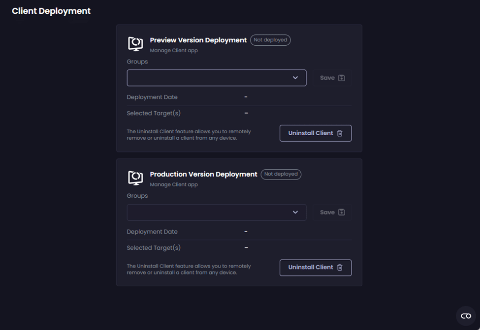 "Client Deployment" screen