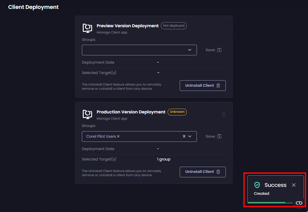 "Success – Created" notification
