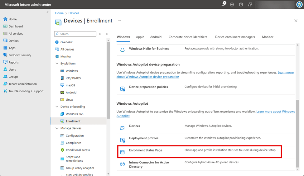 Scrolling down and selecting "Enrollment Status Page"