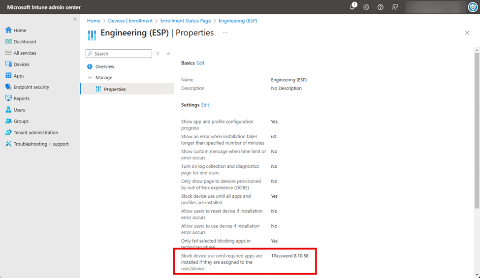 Scrolling down to the "Block device use until required apps are installed if they are assigned to the user/device field", which shows the apps that must be installed before a user can use the device